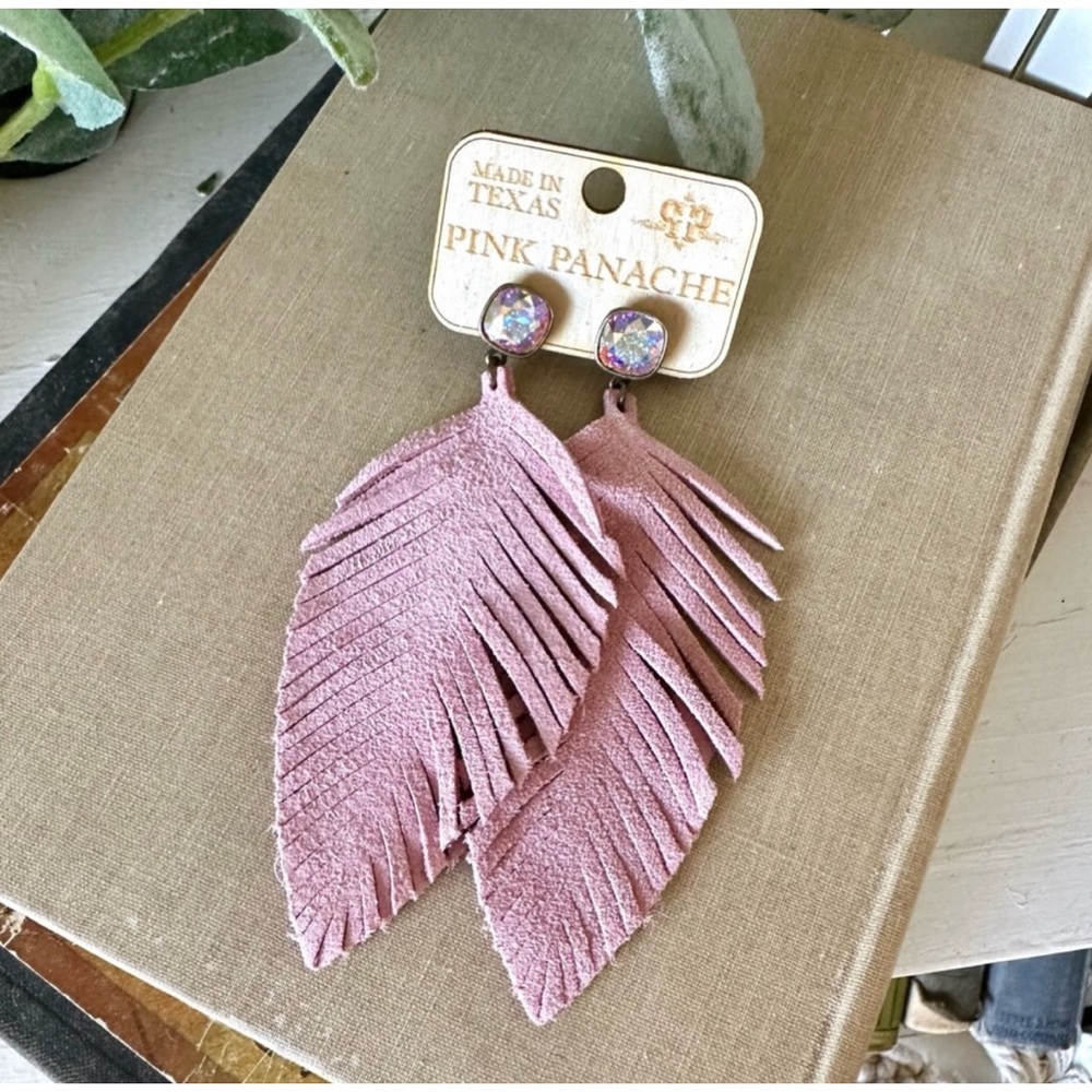 Pink panache AB Cushion Cut pink suede leather Feather Earrings